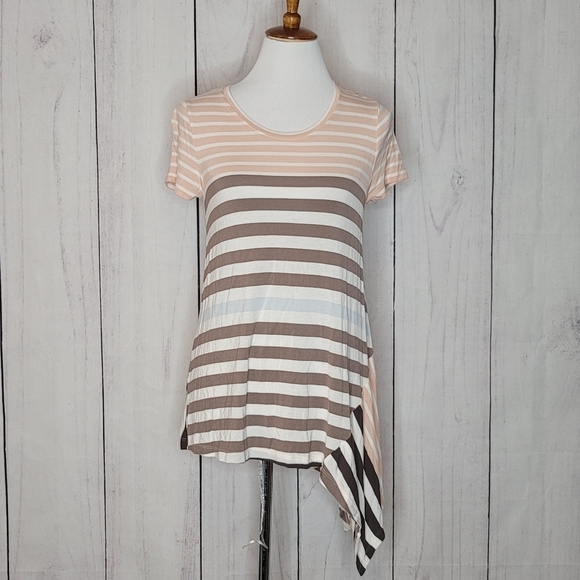 Little Yellow Button‎ Asymmetrical Stripe Tunic Top Women M Peach Brown White - Picture 2 of 8